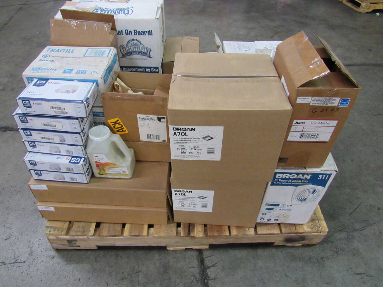 Pallet of 67x Assorted Electric Fans, Heaters, Lights, LEDs, Fittings & Relays - LIGHTING