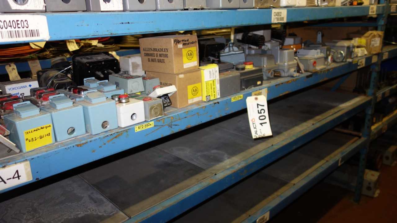 CONTENTS OF 2 SHELVES, ASSORTED ELECTRIC PUSH BUTTON CONTROL STATIONS - ELECTRICAL COMPONENTS