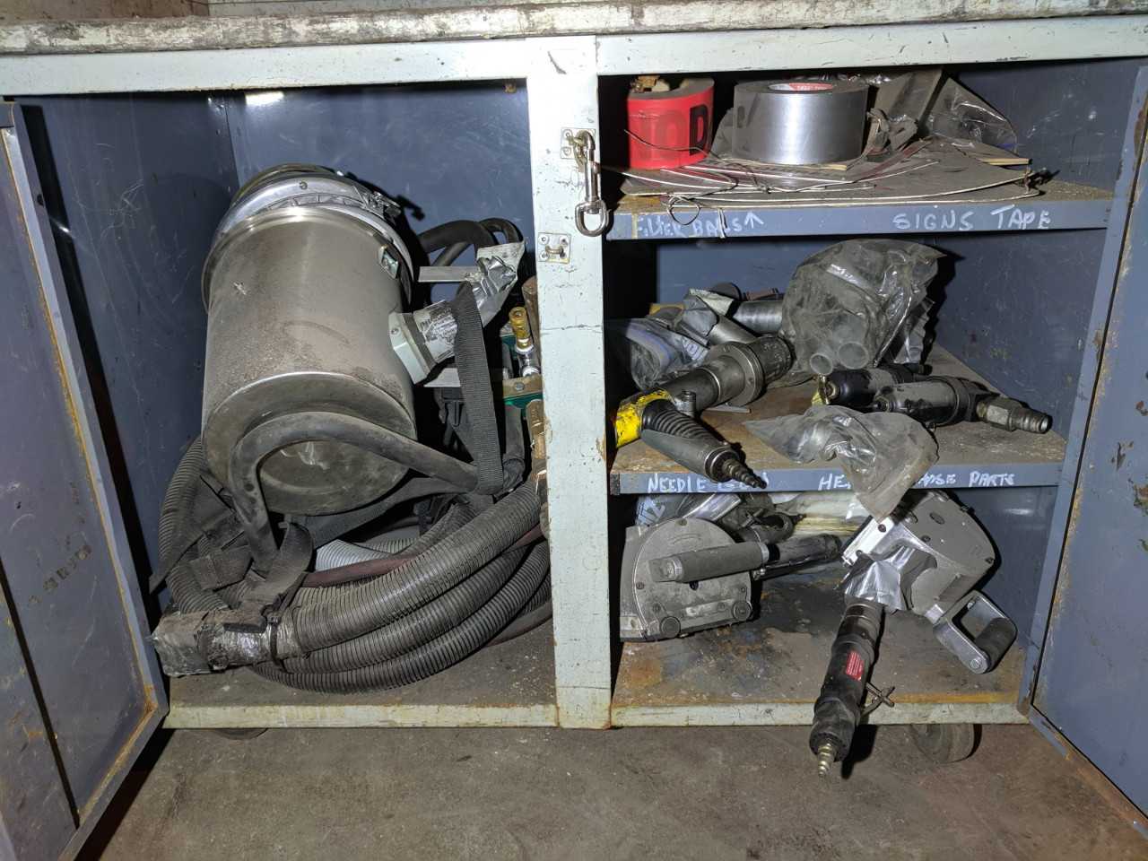 LOT OF 2 ROLLING CABINETS WITH PNEUMATIC TOOLS, TEST EQUIPMENT, SUPPLIES - ELECTRIC POWER TOOLS
