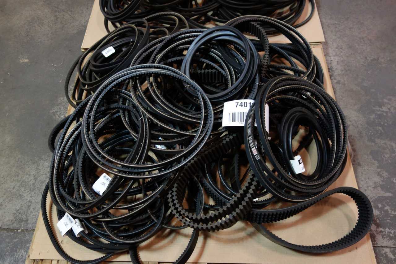 2 PALLETS OF ASSORTED V- BELTS AND TIMING BELTS- CATERPILLAR, BROWNING, GATES, JASON, GOODYEAR - BELTS