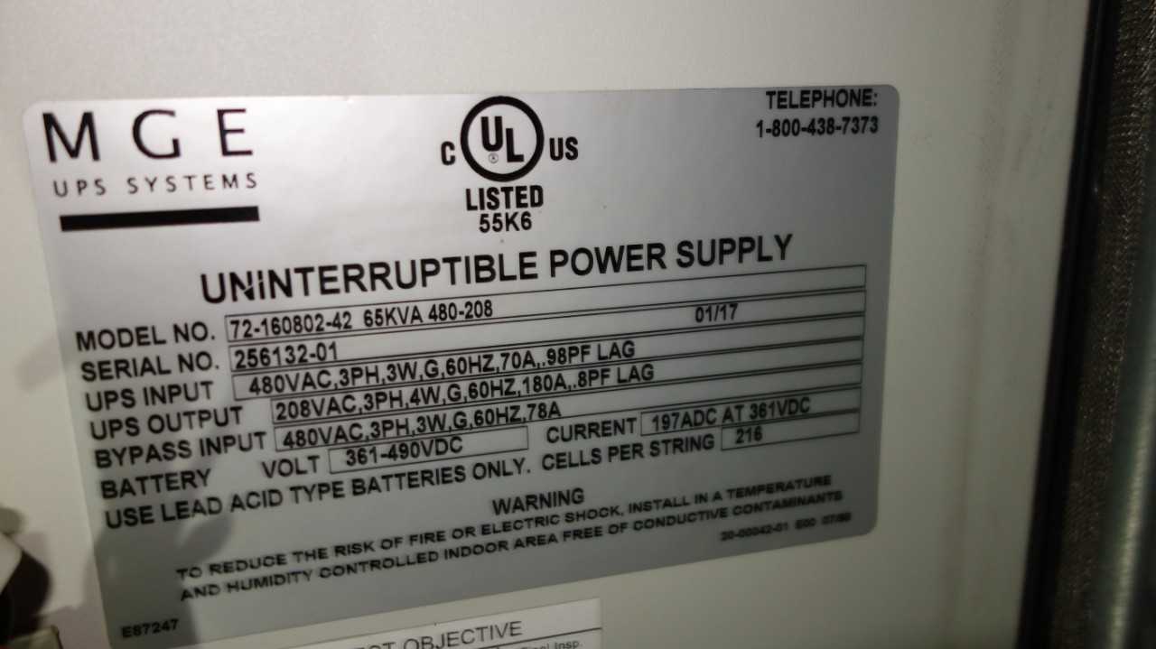MGE 72-160802-42 65KVA 480-208 UNINTERRUPTIBLE POWER SUPPLY - UPS