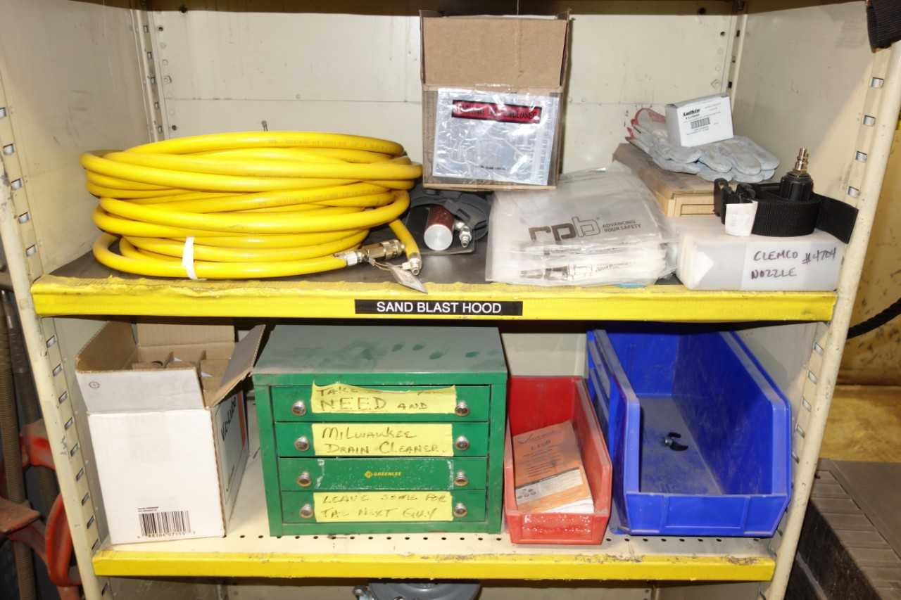 Contents of Shelving - Assorted Sandblast equipment, hoses, filters - SHELVING