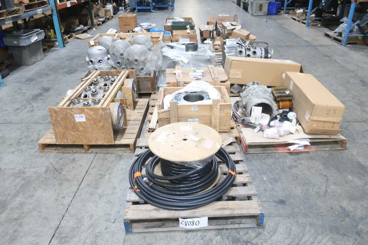 16 PALLETS OF ASSORTED INDUSTRIAL PROCESS EQUIPMENT, WIRE, SHAFTS, IMPELLERS, COVERS, TRANSFORMERS, PRESSURE SCREEN BASKETS, RUBBER CONVEYOR ROLLS, PIPE HUBS - CONVEYORS