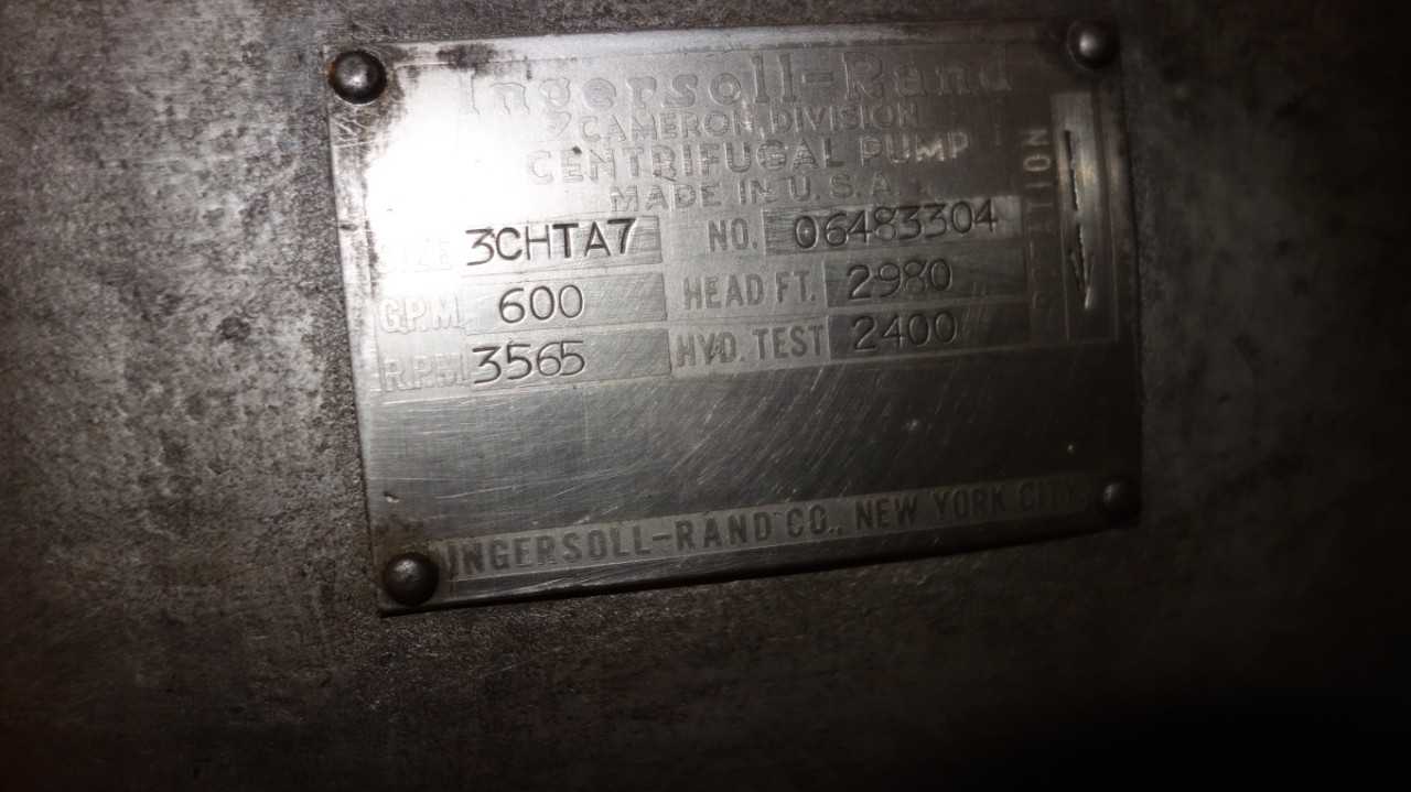 INGERSOLL RAND 3CHTA7 600GPM BOILER FEED CENTRIFUGAL PUMP - CENTRIFUGAL PUMP