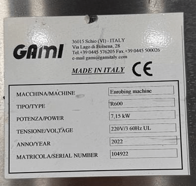 2022 GAMI R600 White Chocolate Enrober - INDUSTRIAL PARTS