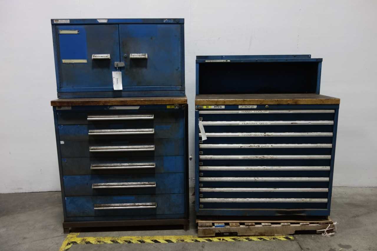 LOT OF 2 ASSORTED DRAWER SUPPLY CABINETS WITH BUTCHER BLOCK TOPS - TOOL STORAGE