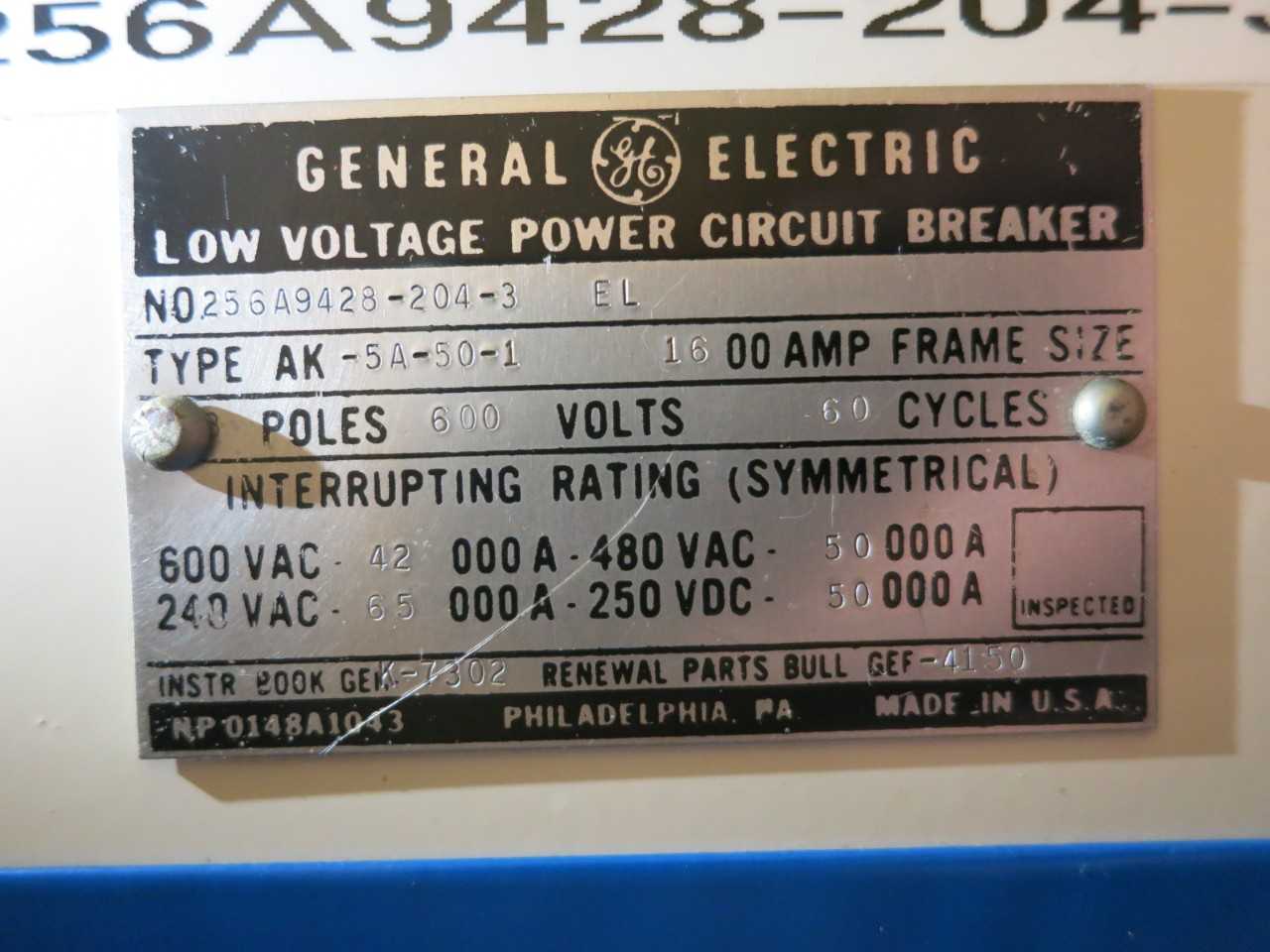 GENERAL ELECTRIC 256A9428-204-3EL AK-5A-50-1 LOW VOLTAGE POWER CIRCUIT BREAKER - CIRCUIT BREAKERS