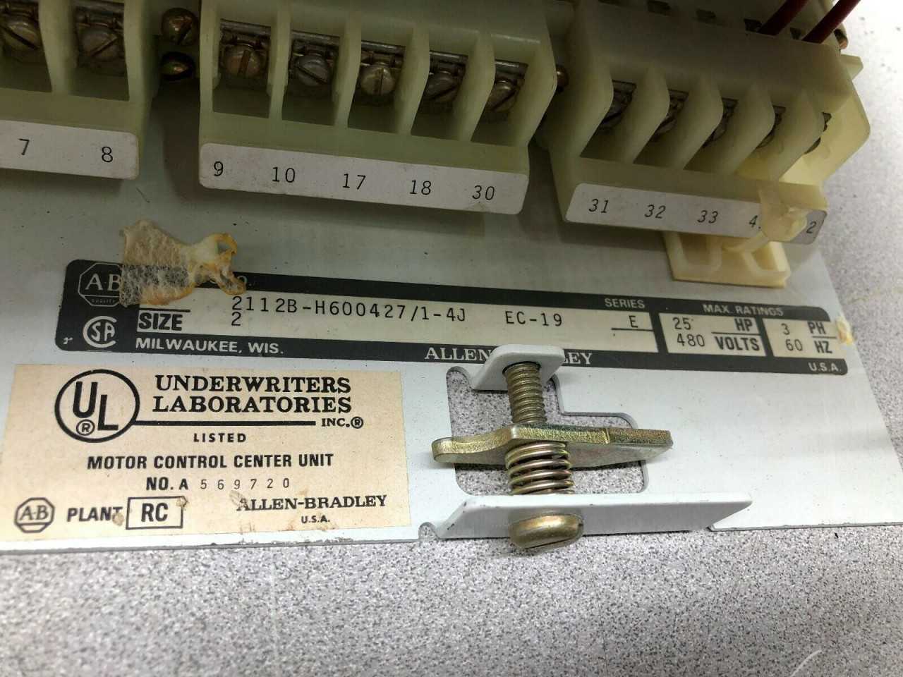 USED ALLEN BRADLEY SIZE 2 25 HP 3 PH 480 VAC 2100 CENTERLINE 12" STARTER MCC BUCKET - MOTOR STARTERS