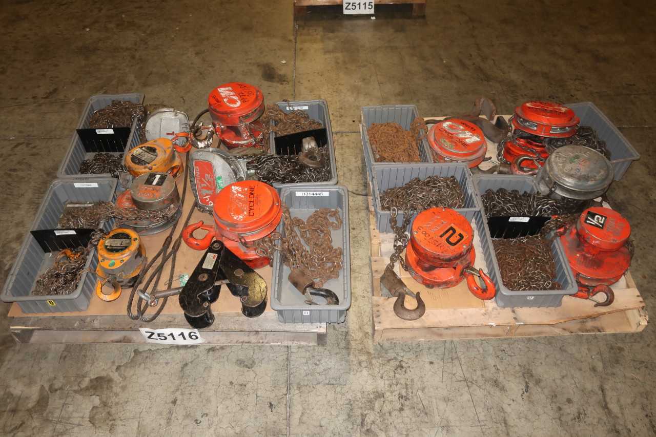 2 PALLETS OF ASSORTED MANUAL HOISTS 1/2TON-2TON CYCLONE HARRISON COFFING - LIFTING EQUIPMENT