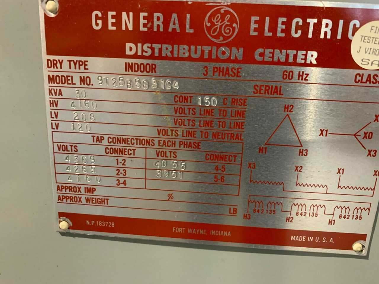 USED GENERAL ELECTRIC DISTRIBUTION CENTER 30KVA TRANSFORMER 9T25B5831G4 - CONTROL TRANSFORMERS