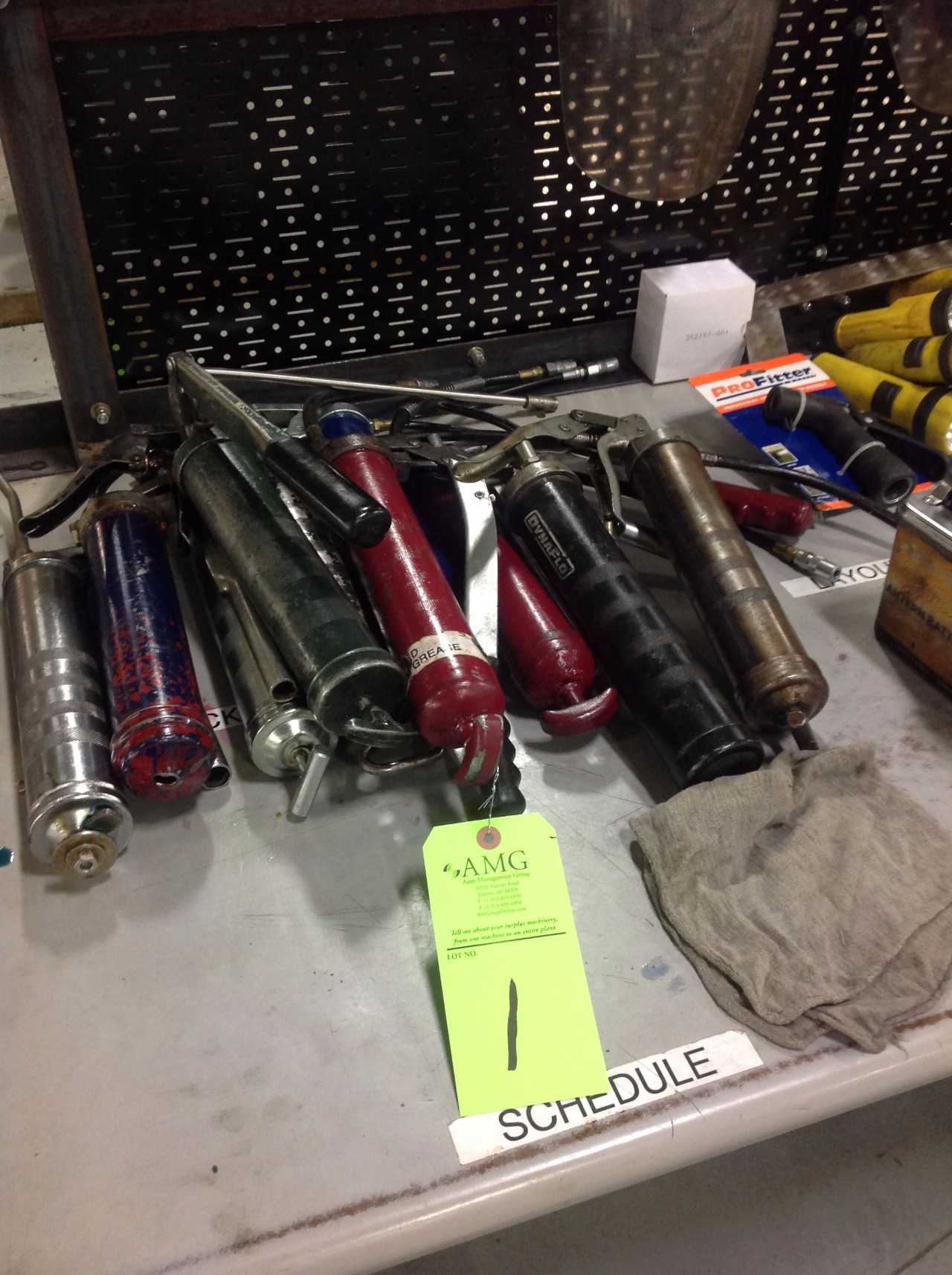 Lot of Grease guns, Flashlights, Tote w/screw drivers & misc. contents - ELECTRIC POWER TOOLS