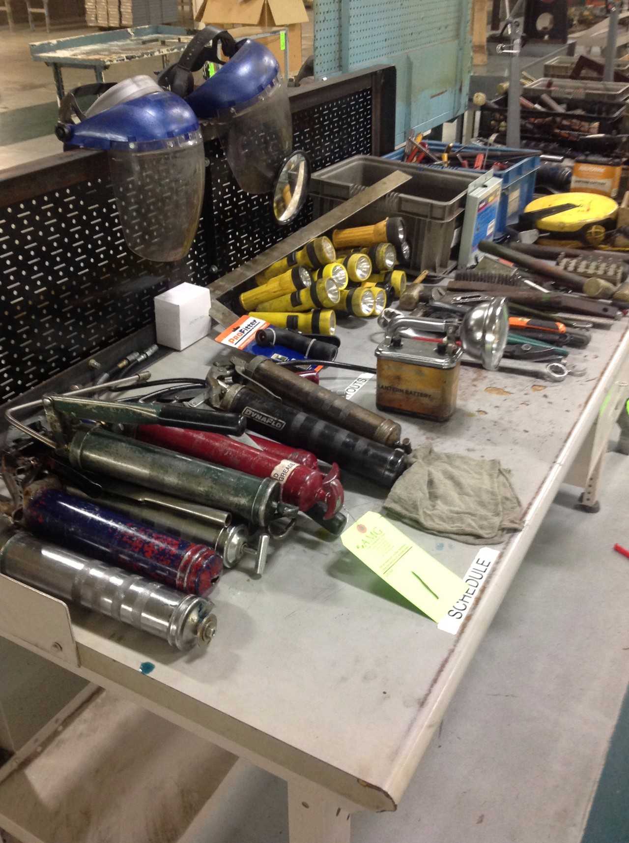 Lot of Grease guns, Flashlights, Tote w/screw drivers & misc. contents - ELECTRIC POWER TOOLS