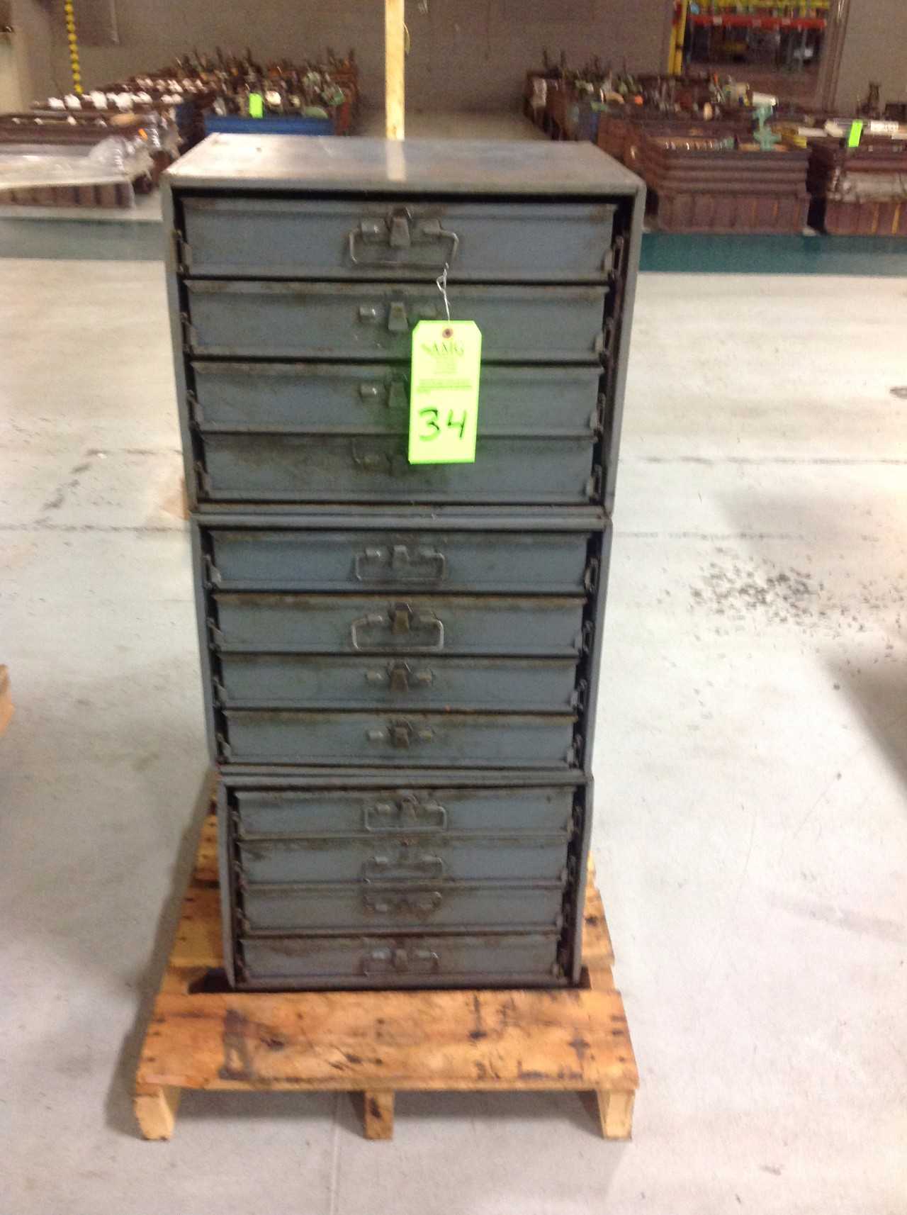 Lot w/ (3) 4 Drawer Metal parts Bins w/ contents - TOOL STORAGE