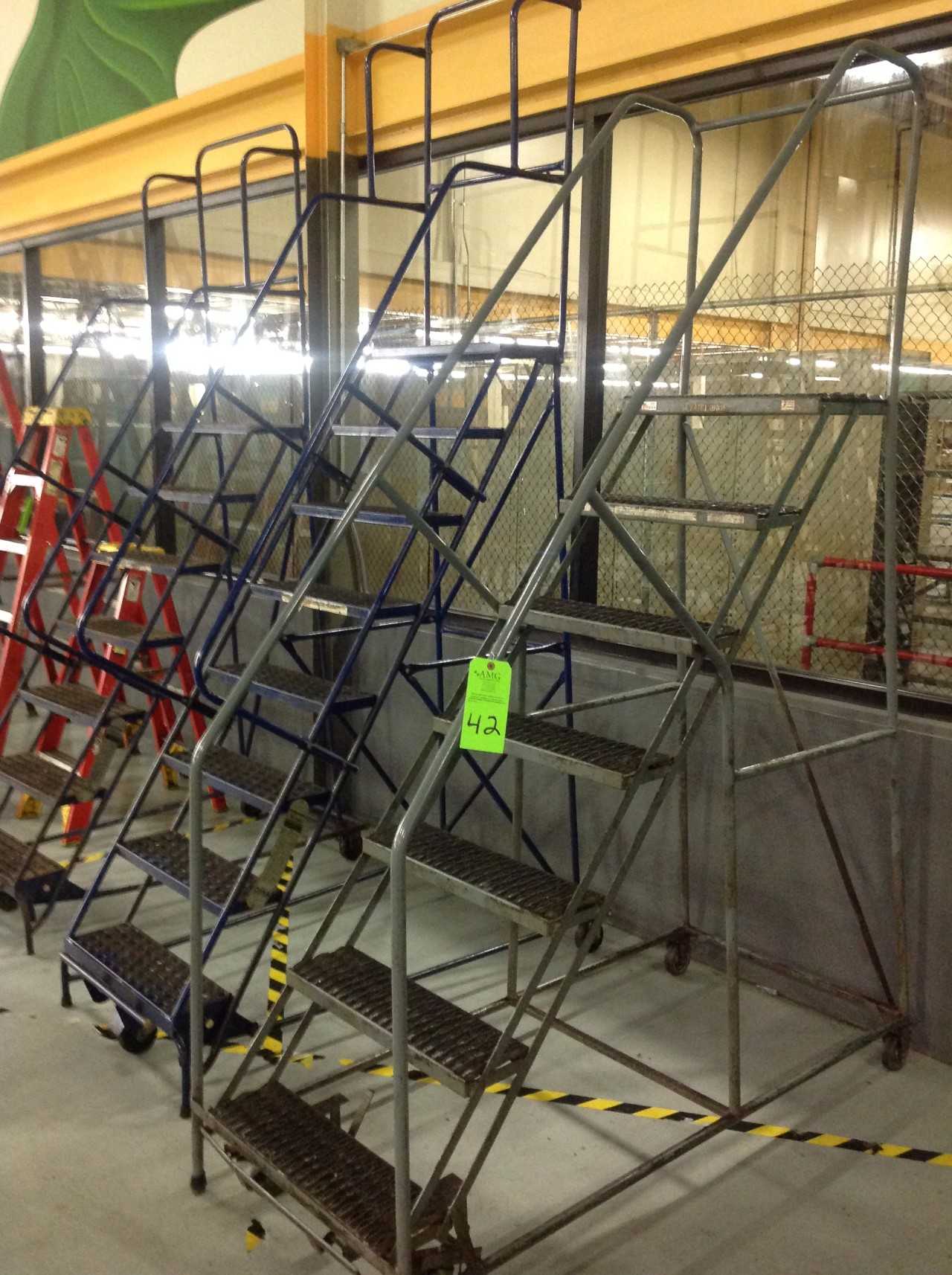 Lot of (3) Rolling Metal Ladders - PLANT & FACILITY
