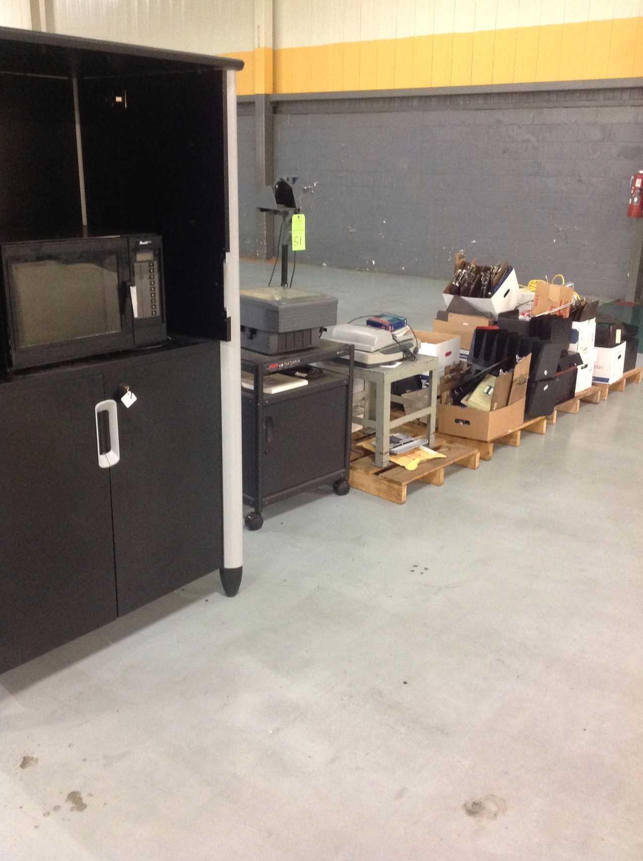 Lot of Misc. Office supplies, Cabinet w/ Microwave, Overhead Projector, HP Scan Jet Printer - MISCELLANEOUS