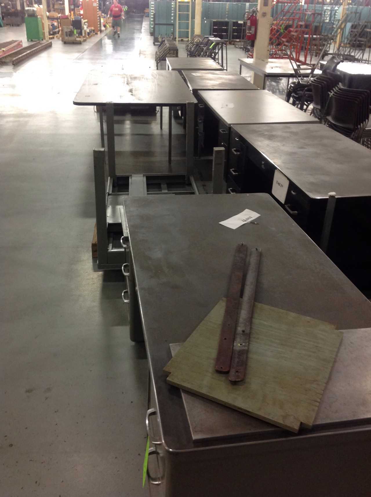 Lot w/ (5) Metal Desks, (3) Tables, (5) Stools, Misc. Chairs - MISCELLANEOUS