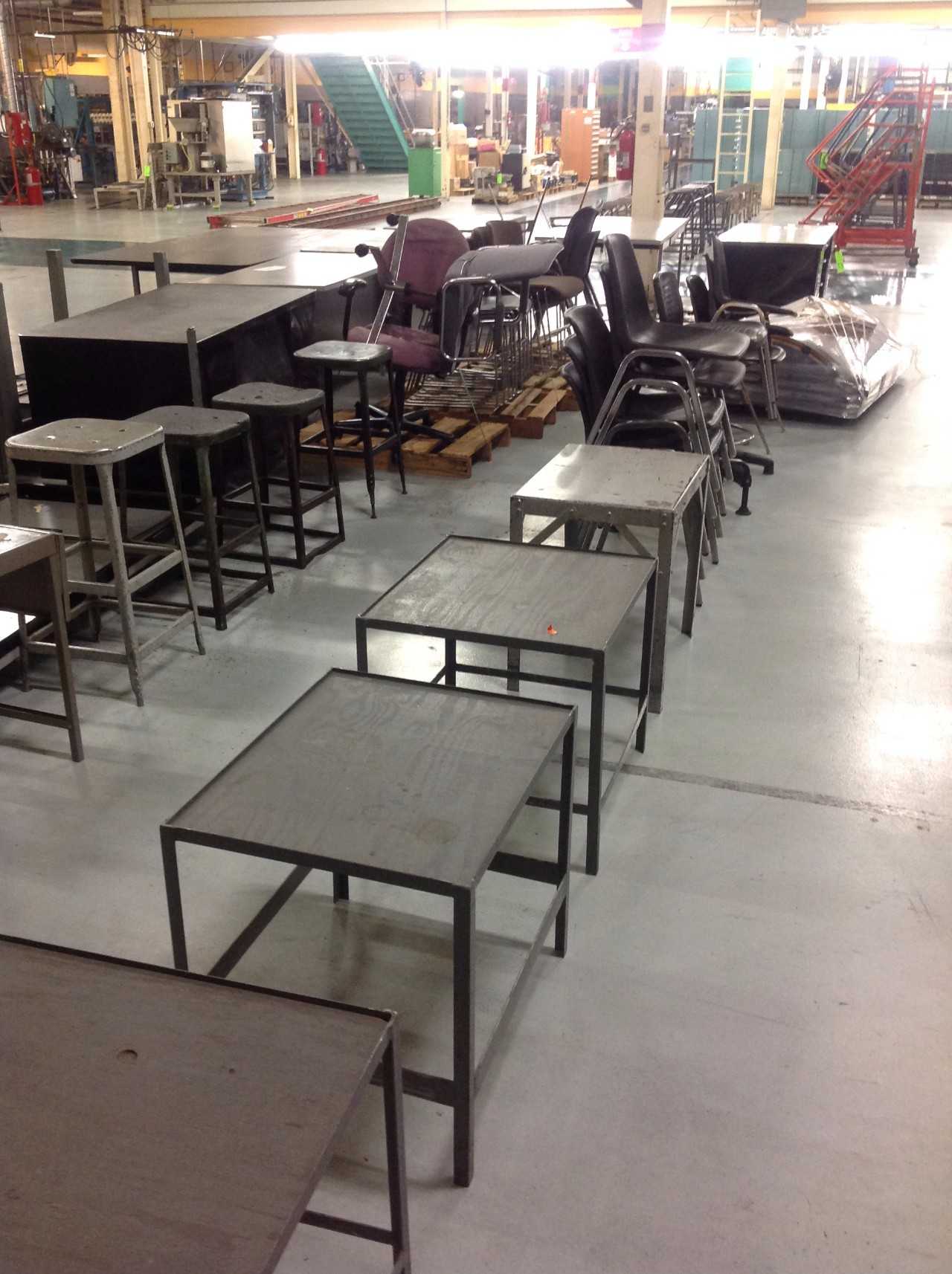 Lot w/ (5) Metal Desks, (3) Tables, (5) Stools, Misc. Chairs - MISCELLANEOUS