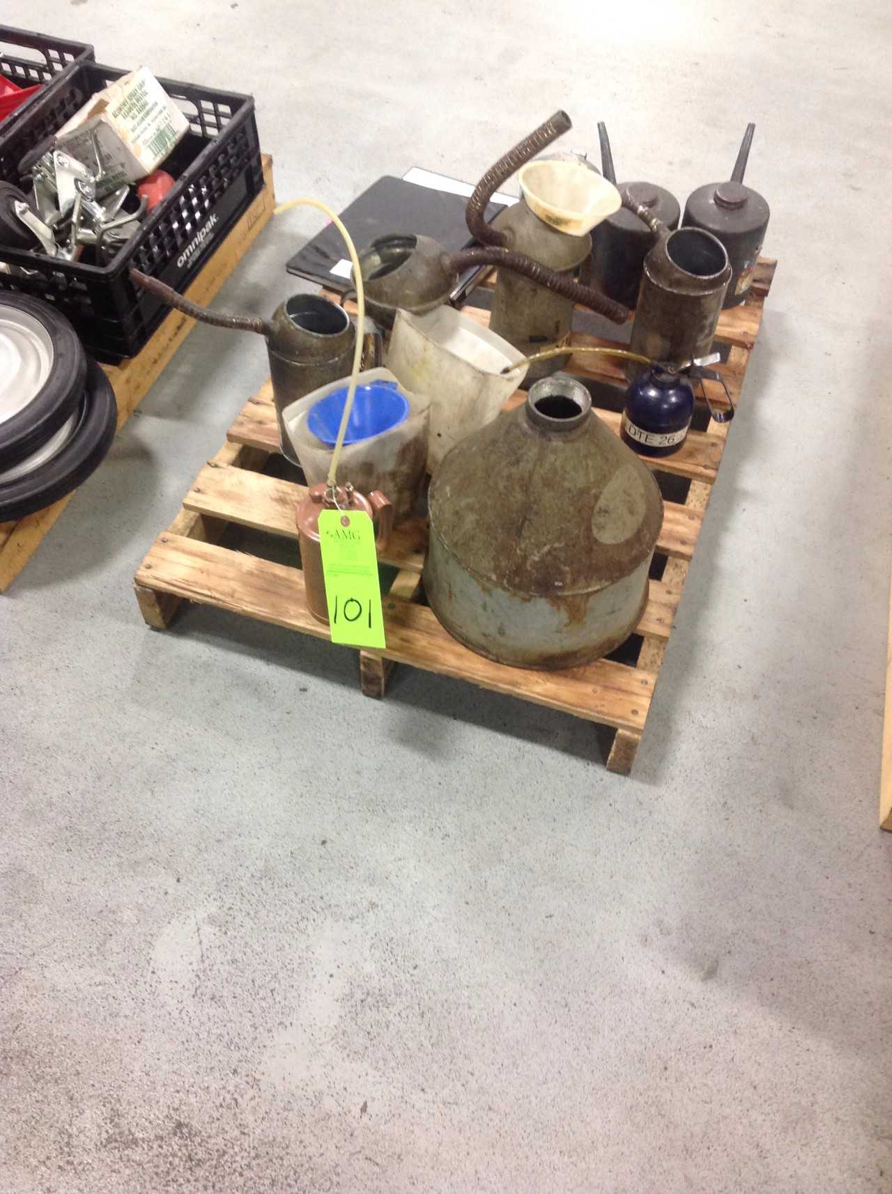 Lot of misc. shop Supplies, Oil cans, Casters, Plastic bins - WASTE BINS