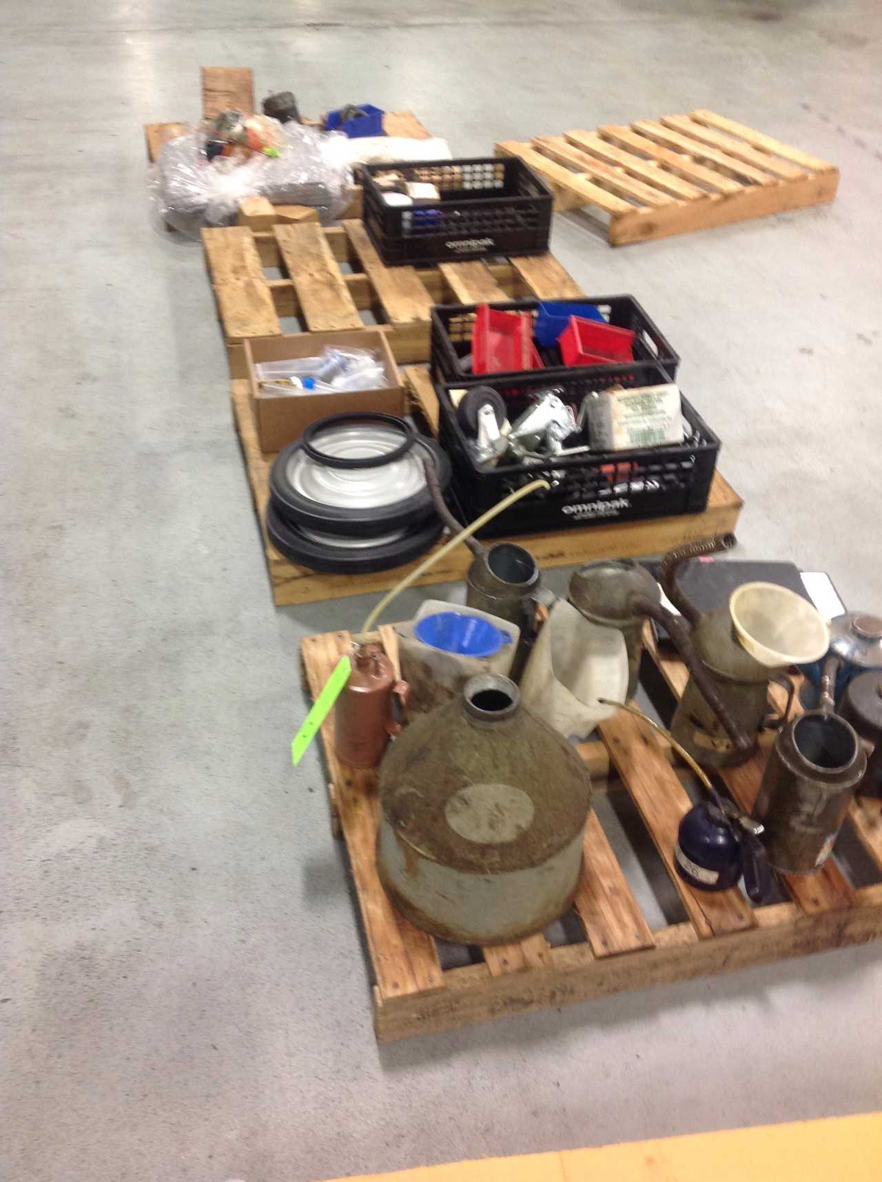 Lot of misc. shop Supplies, Oil cans, Casters, Plastic bins - WASTE BINS