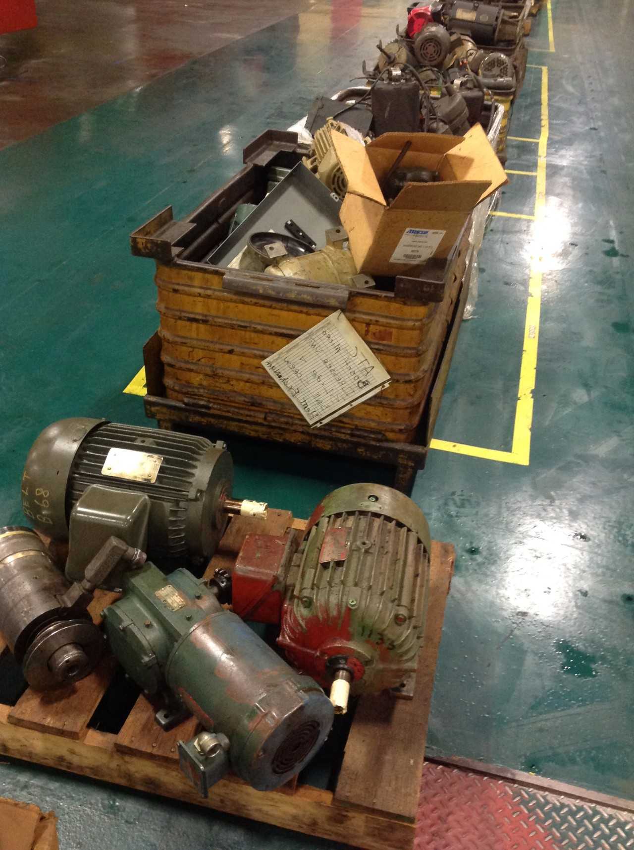 Lot of (8) Pallets, Bins of Electrical motors, various Electrical - ELECTRICAL COMPONENTS