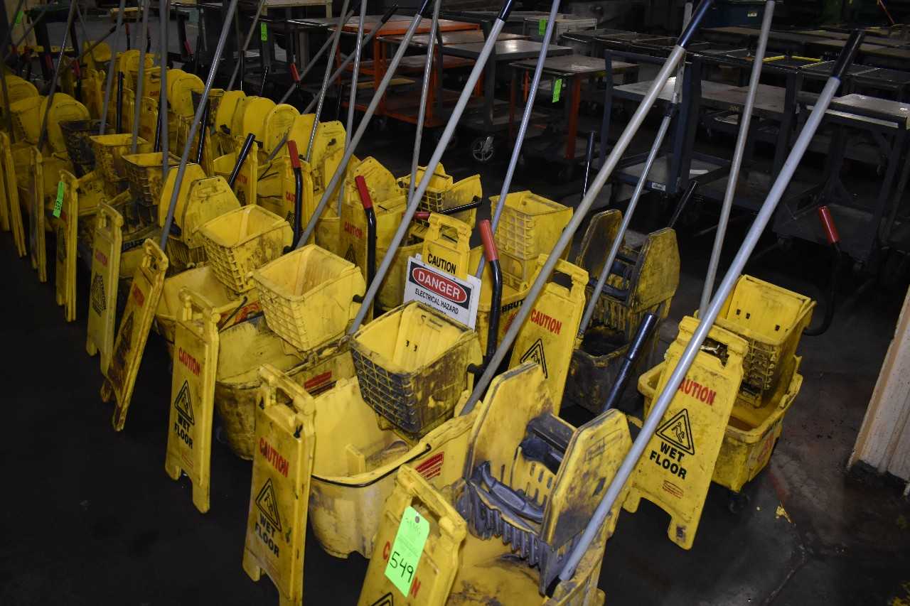 Lot of (10) Rubbermaid mop buckets & Caution sign - PLANT & FACILITY