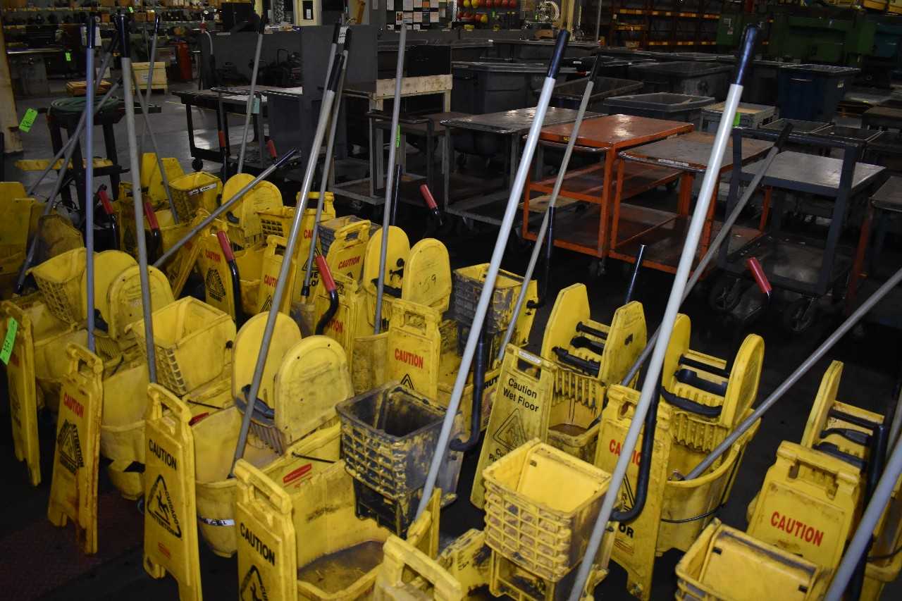 Lot of (10) Rubbermaid mop buckets & Caution sign - PLANT & FACILITY