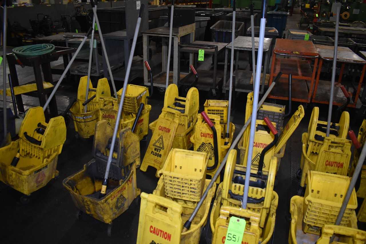 Lot of (10) Rubbermaid mop buckets & Caution sign - PLANT & FACILITY