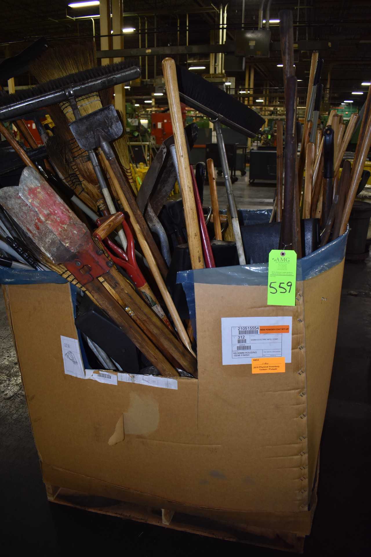Box of shop Cleaning Supplies, Brooms, Shovels, Mops - PLANT & FACILITY