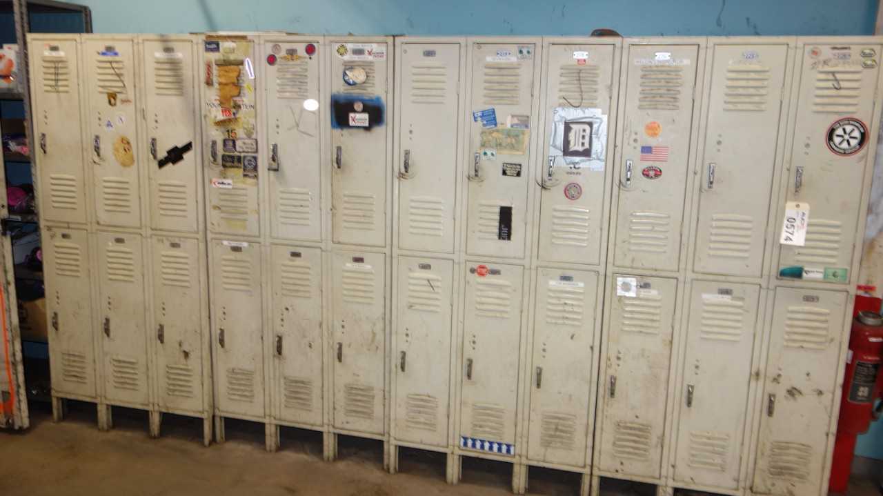 ASSORTED LOT OF 12 DOUBLE DOOR LOCKERS WITH CONTENTS - TOOL STORAGE