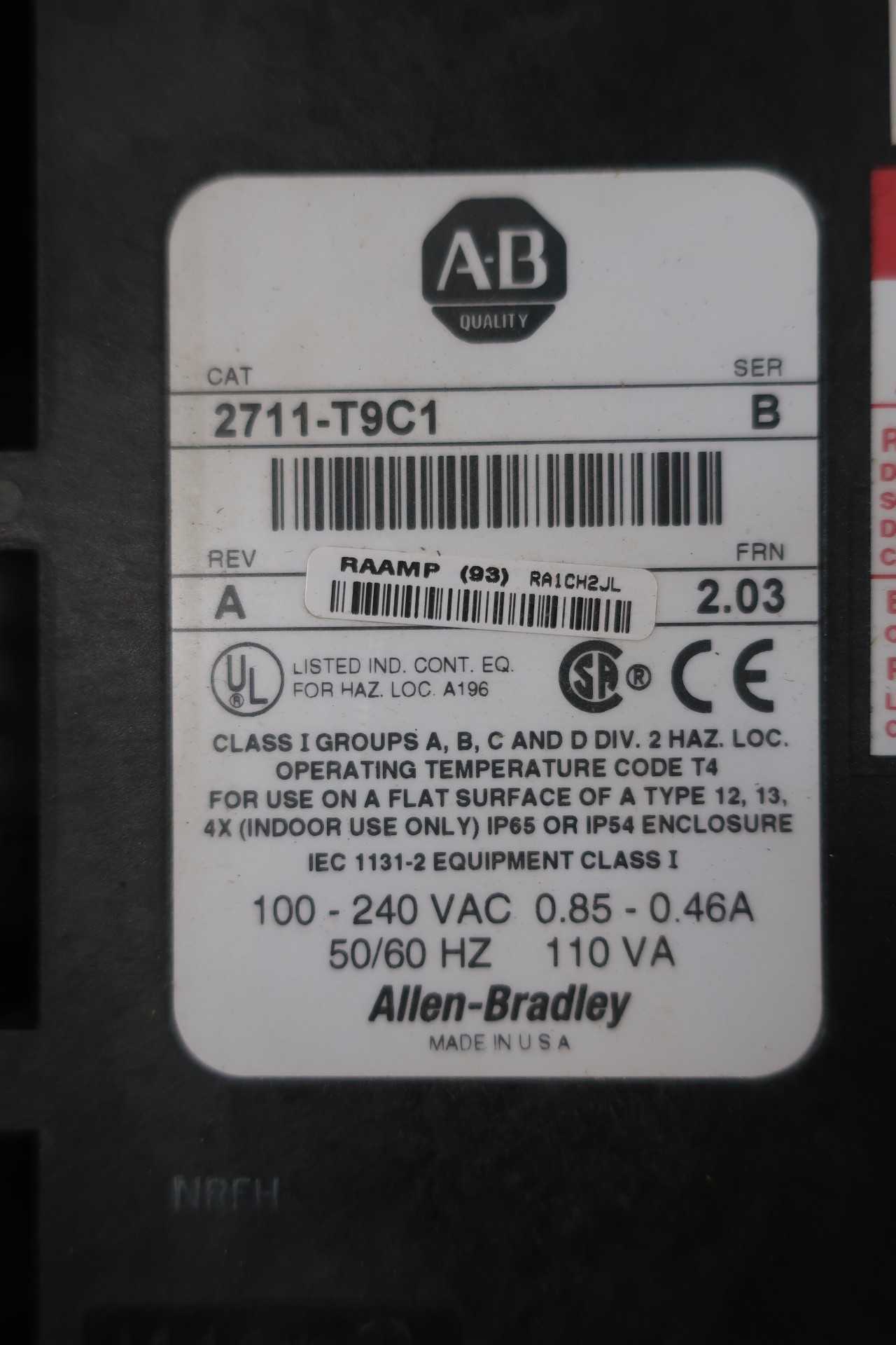 ALLEN BRADLEY 2711-T9C1 PANELVIEW 900 STANDARD OPERATOR INTERFACE - AUTOMATION & CONTROLS