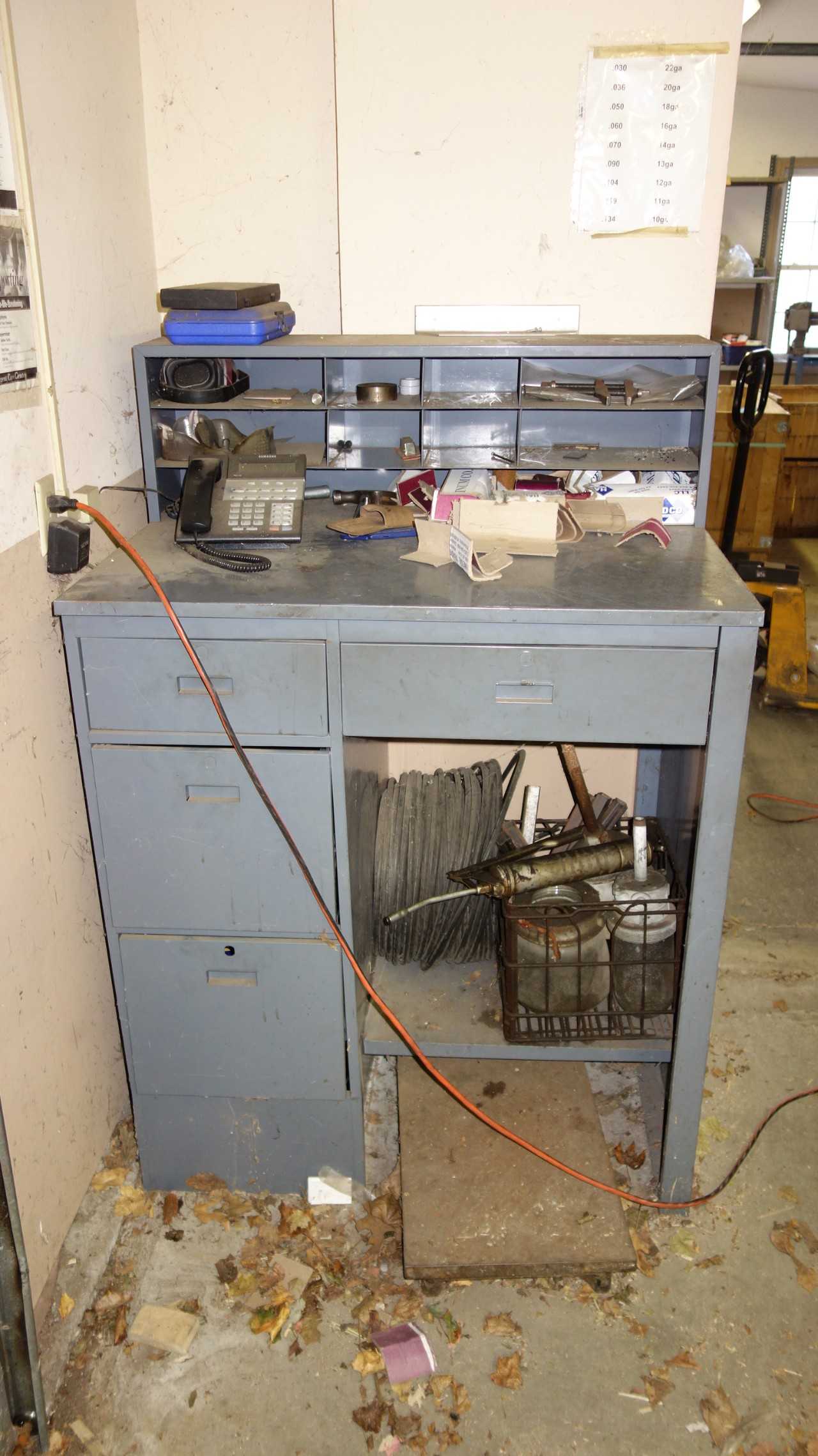 DESK WITH CONTENTS (WIRE SPOOL UNDER DESK NOT INCLUDED) - PLANT & FACILITY