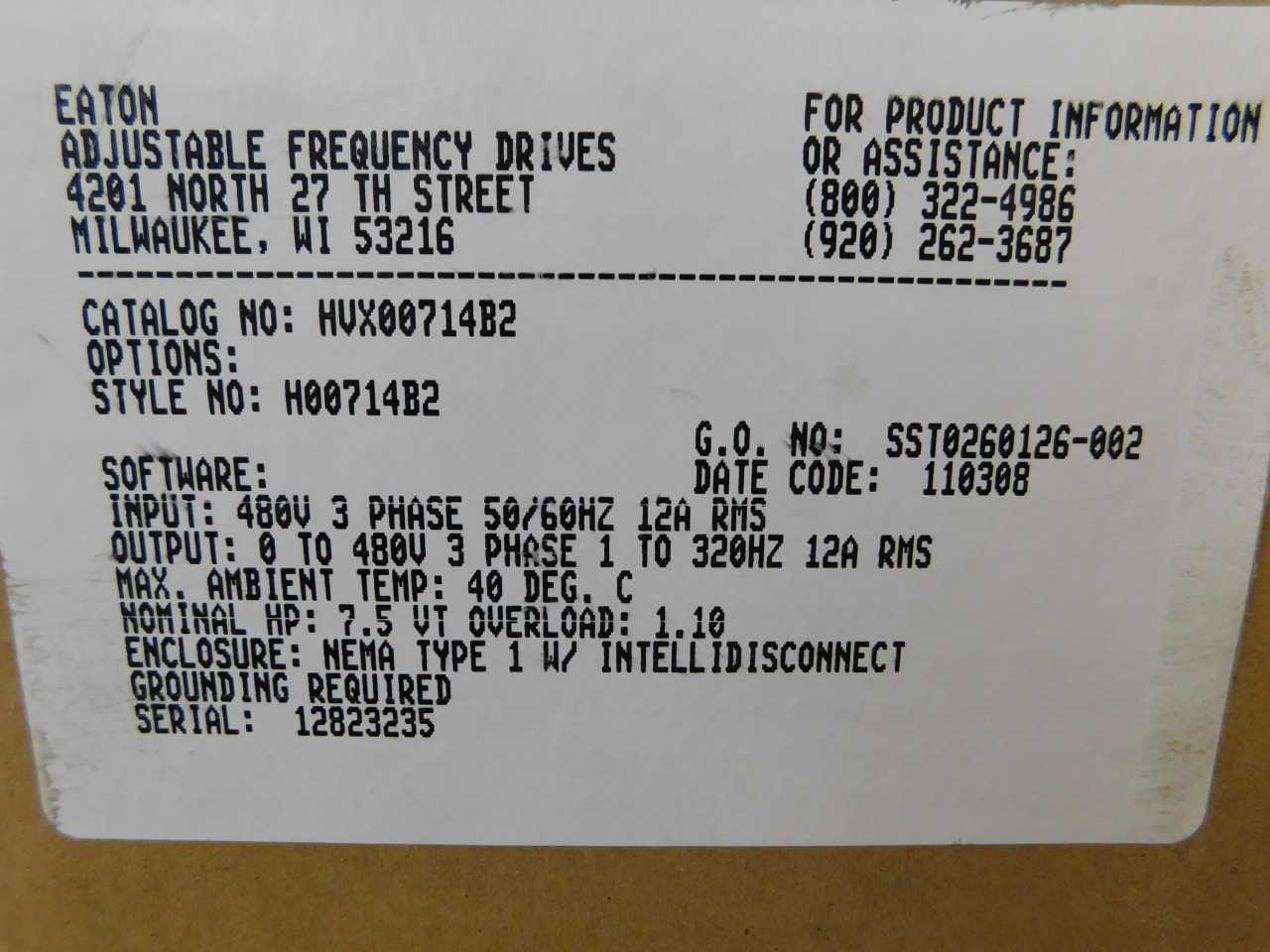 Quantity of 1 New Surplus Eaton HVX00714B2 AFD HUX 12.48-13.67A 480V 3 Ph 7.5 HP - ELECTRICAL COMPONENTS