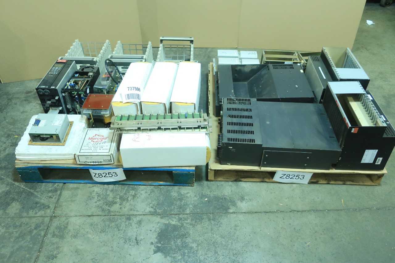 2 PALLETS OF ASSORTED ELECTRICAL CHASSIS RACK, SERVO DRIVE, PRESSURE SWITCH GAUGE, POWER SUPPLY CONTROLS, MOTOR DRIVE, SERVO AMP- YASKAWA, ABB, BAILEY, DWYER, NUS, SENYO DENKI, DANFOSS - ELECTRICAL COMPONENTS