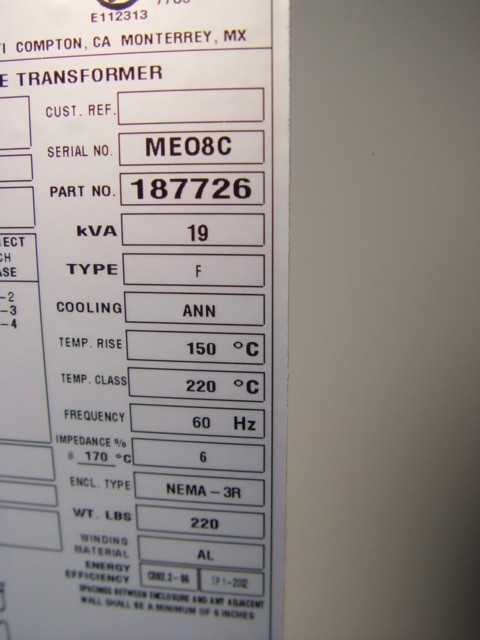 HPS - Hammond 19 Kva Single Phase Dry Type Transformer 480V - 208V P/N 187726 - MISCELLANEOUS