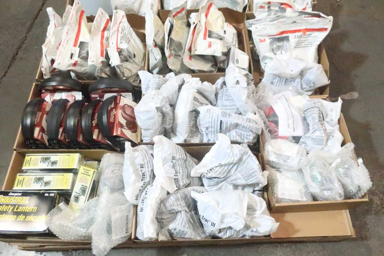 2 PALLETS OF ASSORTED SAFETY EQUIPMENT- RESPERATORS, EAR PROTECTION, TOOL LANYARDS, LOCKS, HARNESSES- 3M, MSA - SAFETY EQUIPMENT