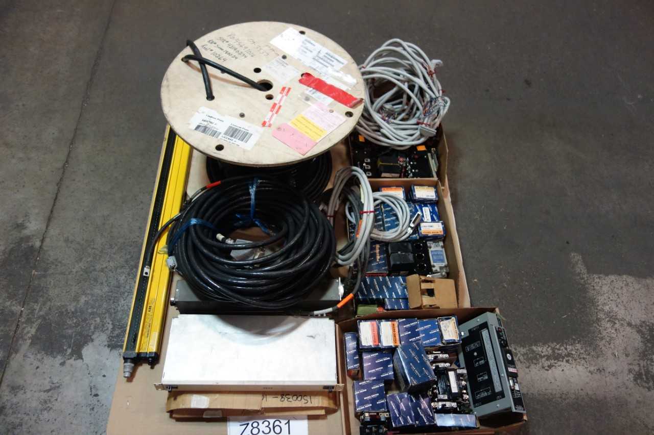 1 PALLET OF ASSORTED ELECTRICAL CABLE-WIRE CONTROLS, LIGHT CURTAINS, LIMIT SWITCHES- ALLEN BRADLEY, ABB - ELECTRICAL COMPONENTS