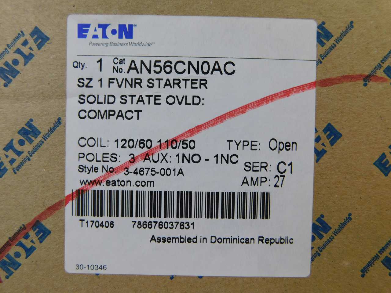 Quantity of 2 New Surplus Eaton AN56CN0AC Non-Reversing Starter Open 3P 27A 120V Size 1 - MOTOR STARTERS Quantity of 2 New Surplus Eaton AN56CN0AC Non-Reversing Starter Open 3P 27A 120V Size 1 - MOTOR STARTERS