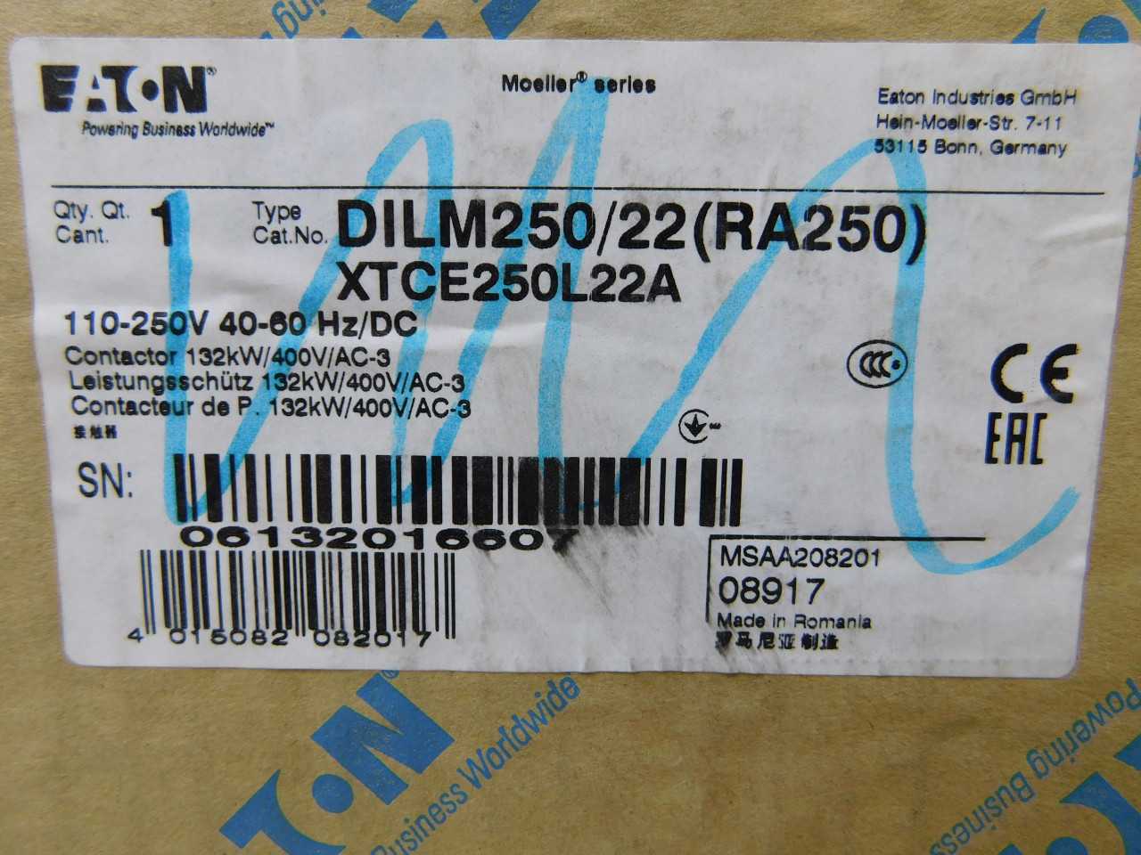 Quantity of 1 New Surplus Eaton XTCE250L22A Contactor Non-Reversing 3P 27 120V - CONTACTORS