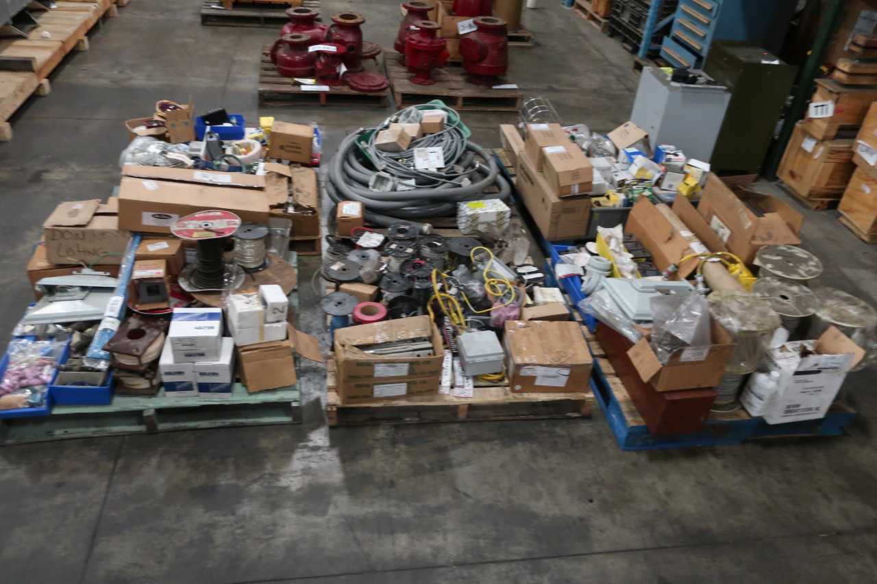 6 PALLETS OF ASSORTED ELECTRICAL EQUIPMENT LIGHTING WIRE BATTERIES CONNECTORS - ELECTRICAL COMPONENTS