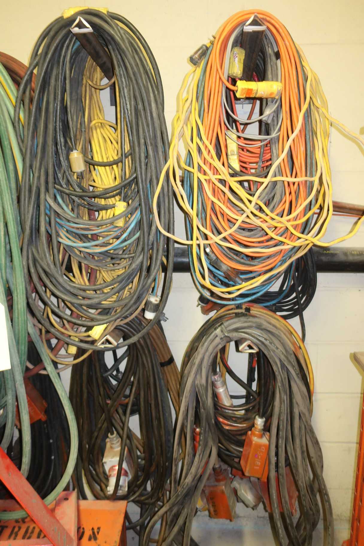 CONTENTS OF 4 HOOKS, ASSORTED ELECTRICAL CABLE, EXTENSION CORDS, RECEPTACLE CABLES - ELECTRICAL COMPONENTS