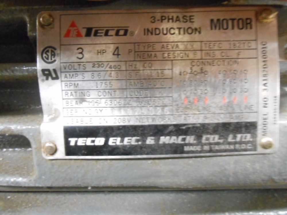 Teco Electric 460/230 Volt 4 Ph 3 Hp  Induction Motor - ELECTRIC MOTORS