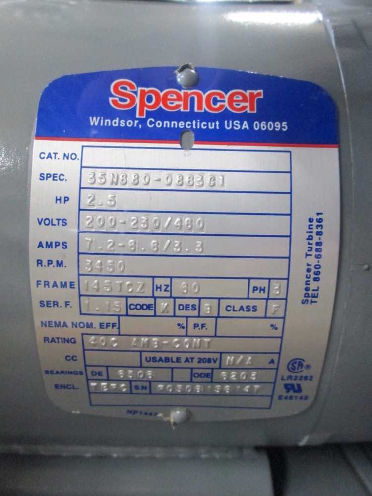 Spencer VB-019B-011 160 Max CFM 200-230/460V 3Ph Vortex Regenerative Blower - BLOWER FAN