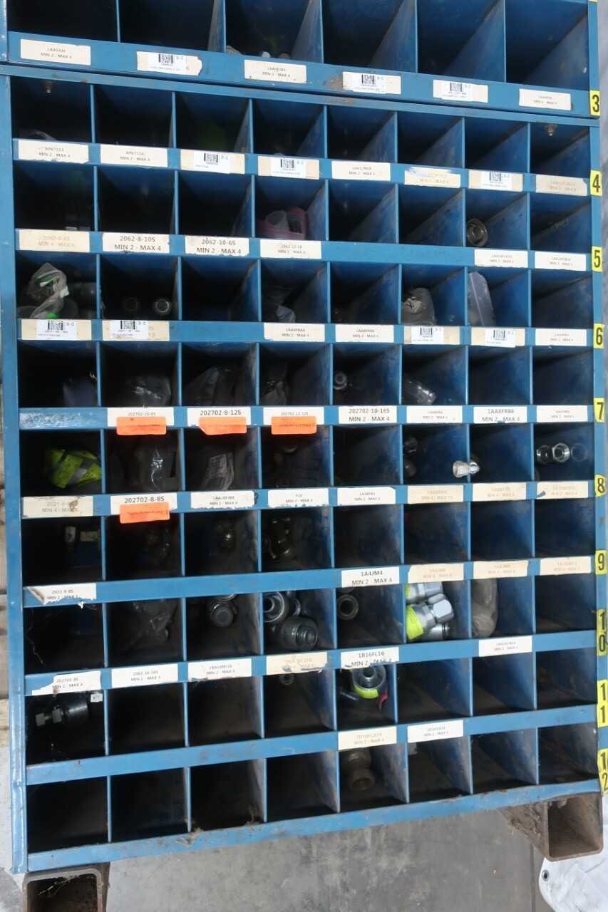 PIGEONHOLE CABINET WITH ASSORTED HYDRAULIC HOSE FITTINGS - PROCESS EQUIPMENT