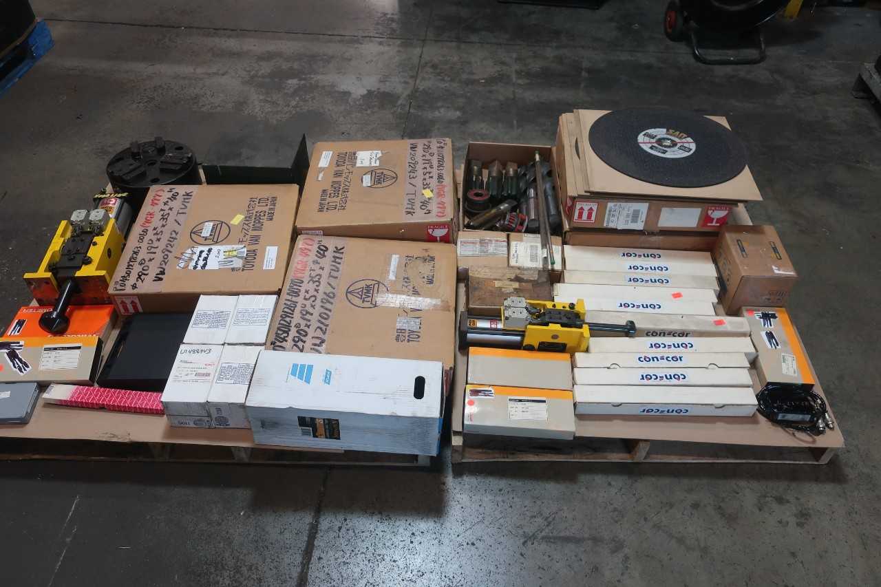 2 PALLETS OF ASSORTED MACHINING AND MILLING - GRINDER WHEELS, DRILL BITS, PASCAL CLAMP, TREADING TAPS, MEASUREMENT TOOLS - STARRETT, PASCAL, TOYODA - ELECTRIC POWER TOOLS