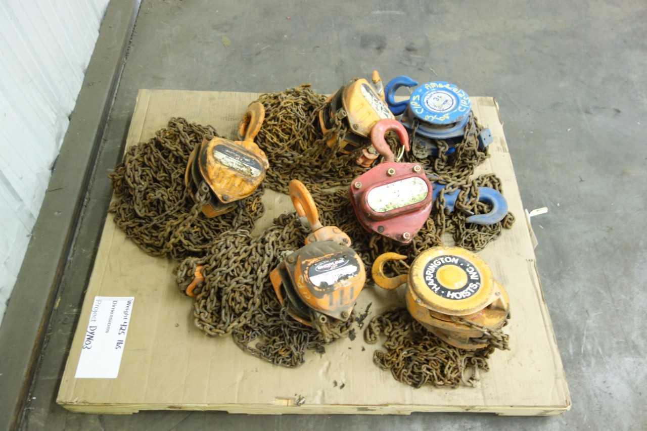 LOT OF 6 ASSORTED 2 TON, 3 TON CHAIN FALL HOISTS - LIFTING EQUIPMENT