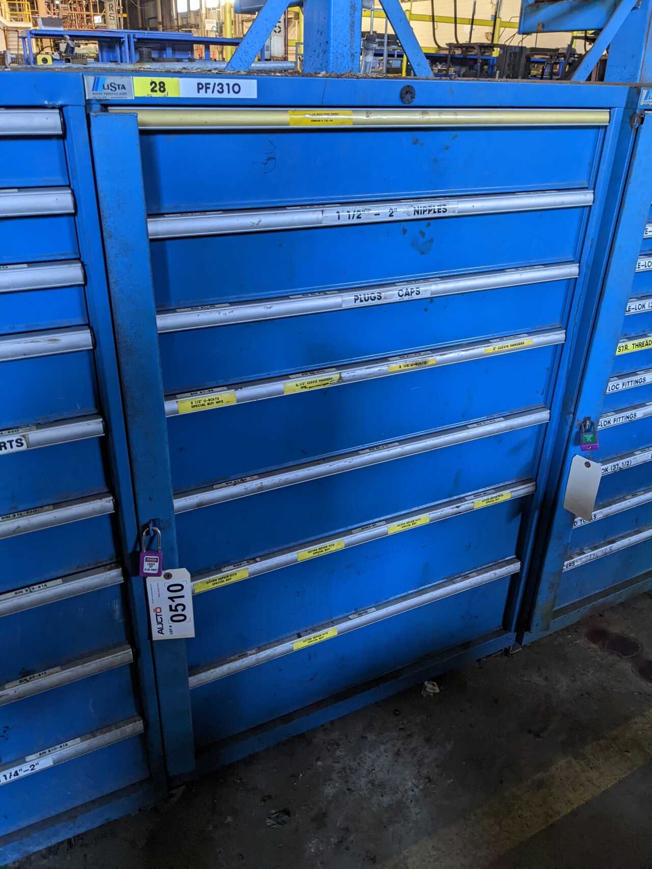 7 DRAWER LISTA TOOL CABINET WITH CONTENTS, ASSORTED NIPPLES, CAPS, U-BOLTS, REPAIR KITS - TOOL STORAGE