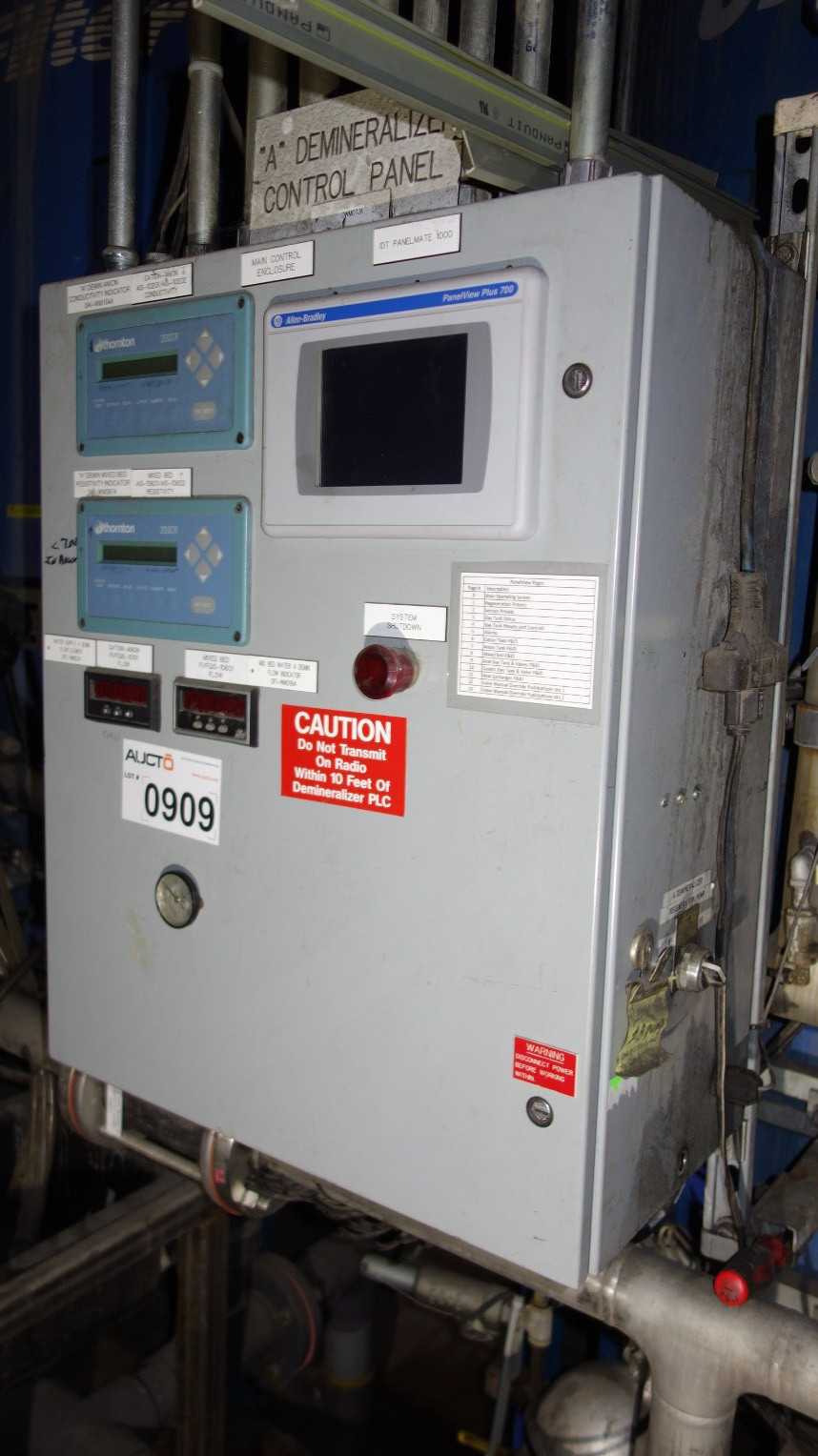 DEMINERALIZER CONTROL PANEL W/ 2X THORNTON 200CR METER, ALLEN BRADLEY 1747-L541 CONTROLLER MODULE RACK, 2711P-RP8A PANELVIEW PLUS 700 - AUTOMATION & CONTROLS