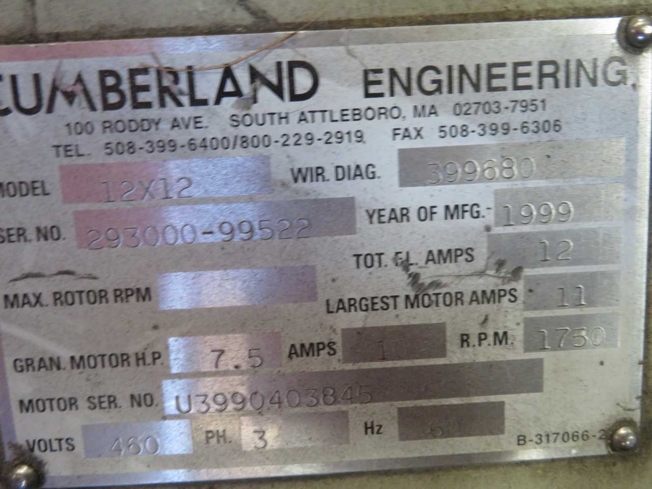 Cumberland Model 12X12 Plastic Grinder - PROCESS EQUIPMENT