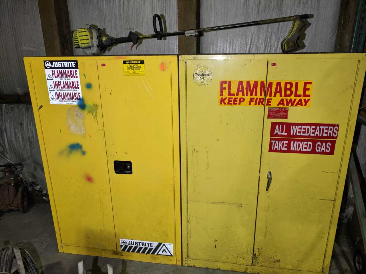 LOT OF 2 JUSTRITE AND DUPONT FLAMMABLES STORAGE CABINETS WITH WEED WACKER - TOOL STORAGE