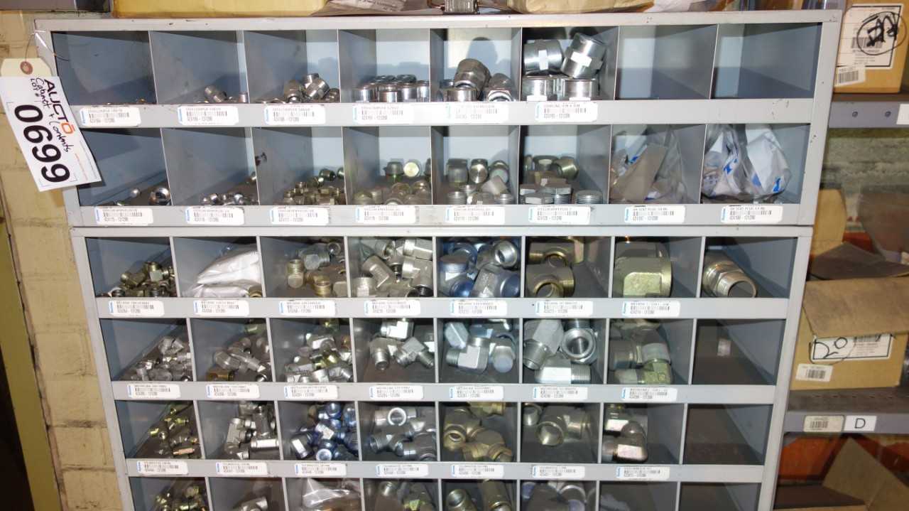 CABINET WITH CONTENTS, ASSORTED CONDUIT FITTINGS, FITTINGS, NIPPLES - INDUSTRIAL PARTS